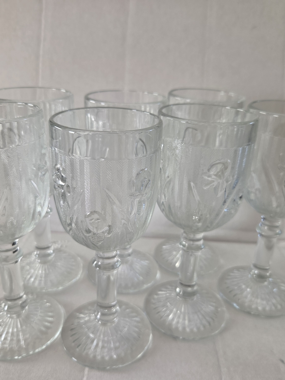 Iris and herringbone crystal depression glass. Wine Goblets – Set of 7